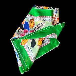 Vintage Novelty Floral Print Hand Rolled Pure Silk Scarf